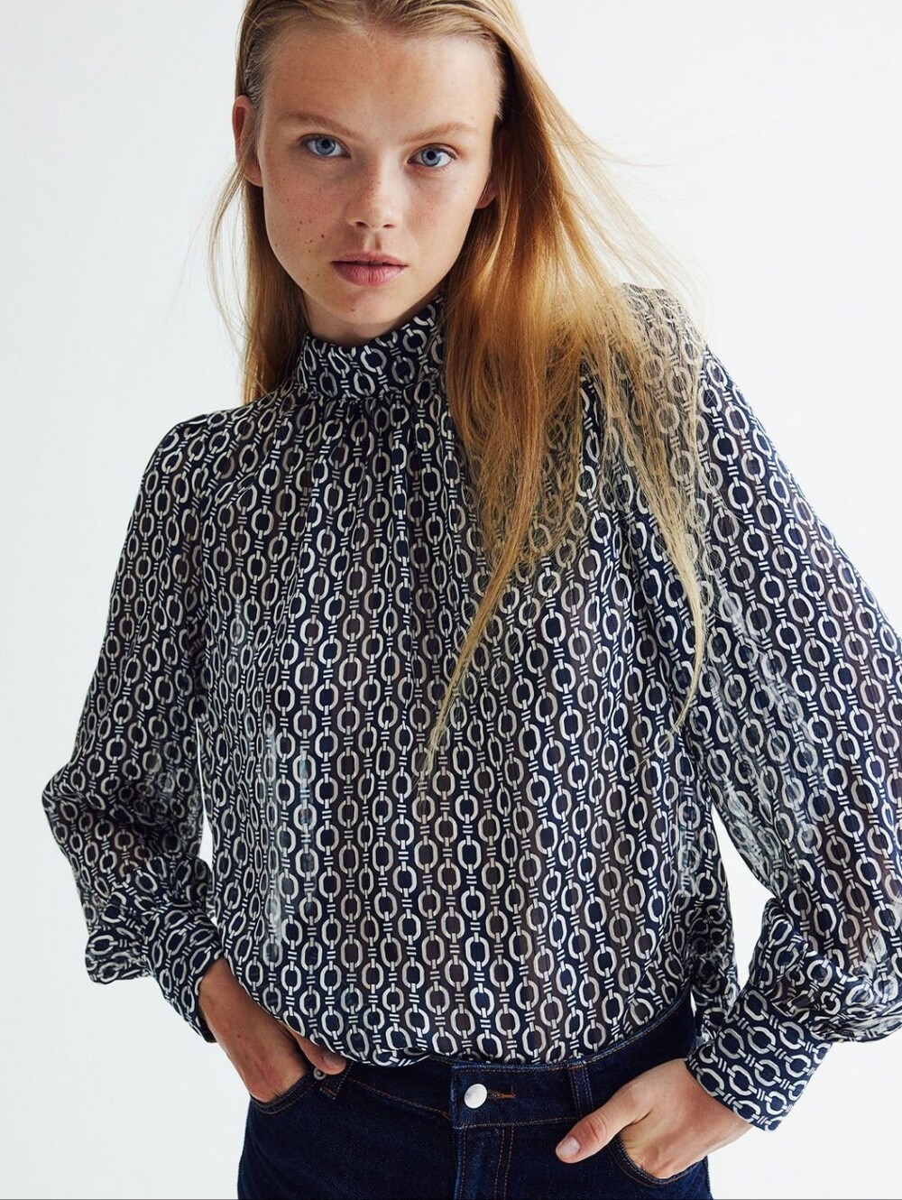 H&M Chain Patterned Mock Neck Navy Blouse, Size Small